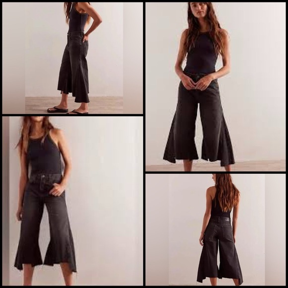 Free People We The Free Ripple Wide-Leg Crop Jeans in Fade to Black Boho Size 25 - Picture 1 of 15